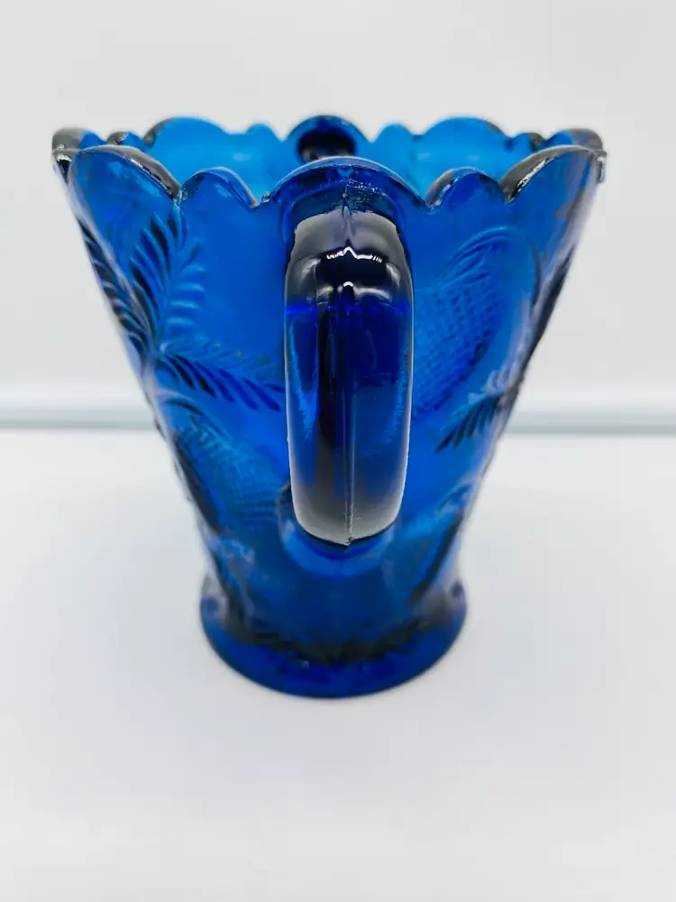 MOSSER Large 2-Handled Spooner Cobalt Blue Pressed Glass Indented Strawberry Design 5"