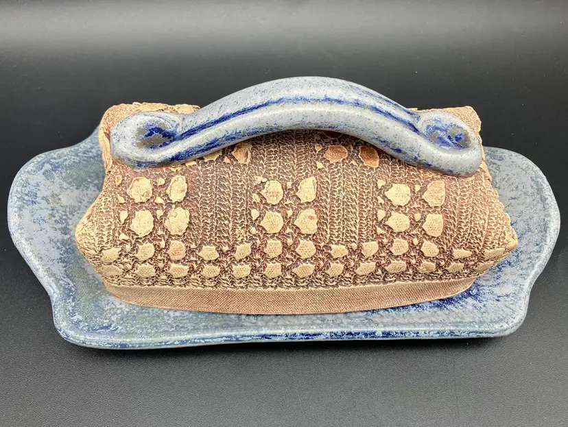 BIN - Blue Heron Studio Pottery Butter Dish Impressed Lace Jayn Avery, 2001