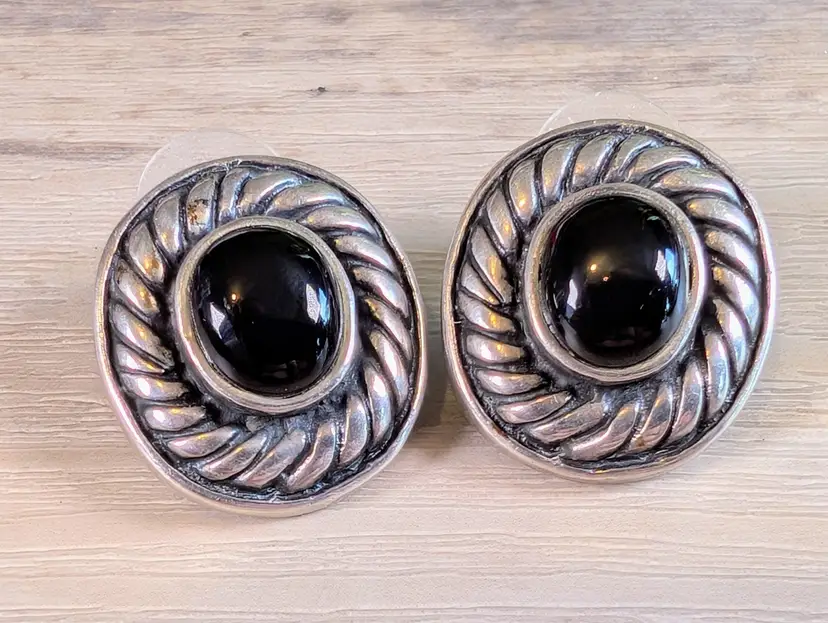 Sterling Silver 925 And Black Onyx Earrings Post Back