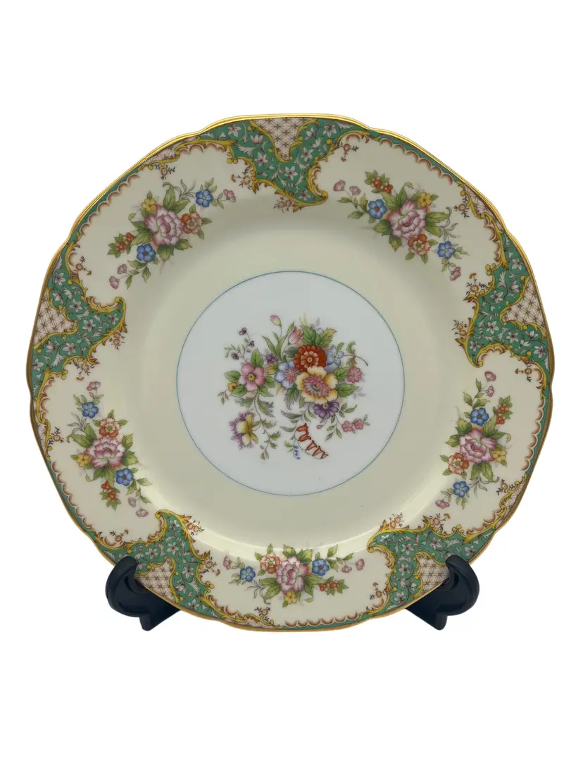 Noritake N385 Dinner Plate Turquoise Lattice Floral Border Devonia Backmark 10"