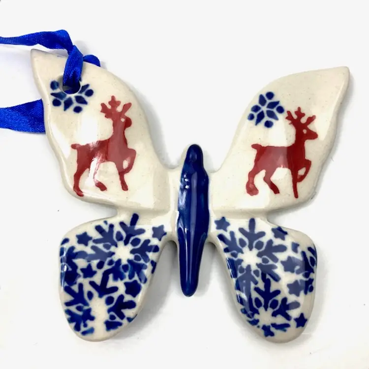 Polish Pottery Butterfly Holiday Christmas Ornament Prancing Reindeer Snowflakes