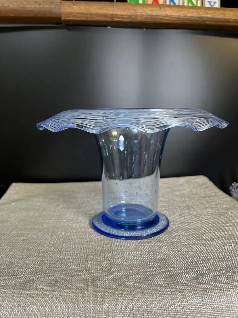 Light Blue Art Glass Vase Wide Brim, Controlled Bubbles & Striations-Use as a Vase or Orb Riser