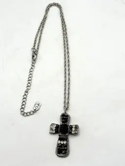 Vintage black crystal rhinestone beaded cross pendant charm necklace