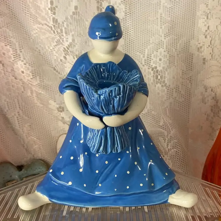 Vintage 1980 Dept 56 PEASANT PEOPLE Harvest Blue Polka Dot Candle Stick Holder