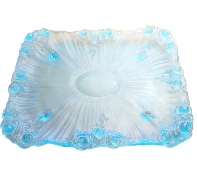 Vintage Tiffin Glass Co Blue UV Reactive Vanity Tray Raised Rose Edges Rare Find