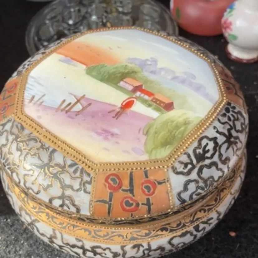 HANDPAINTED Man On A Lake Round Nippon Covered Dish