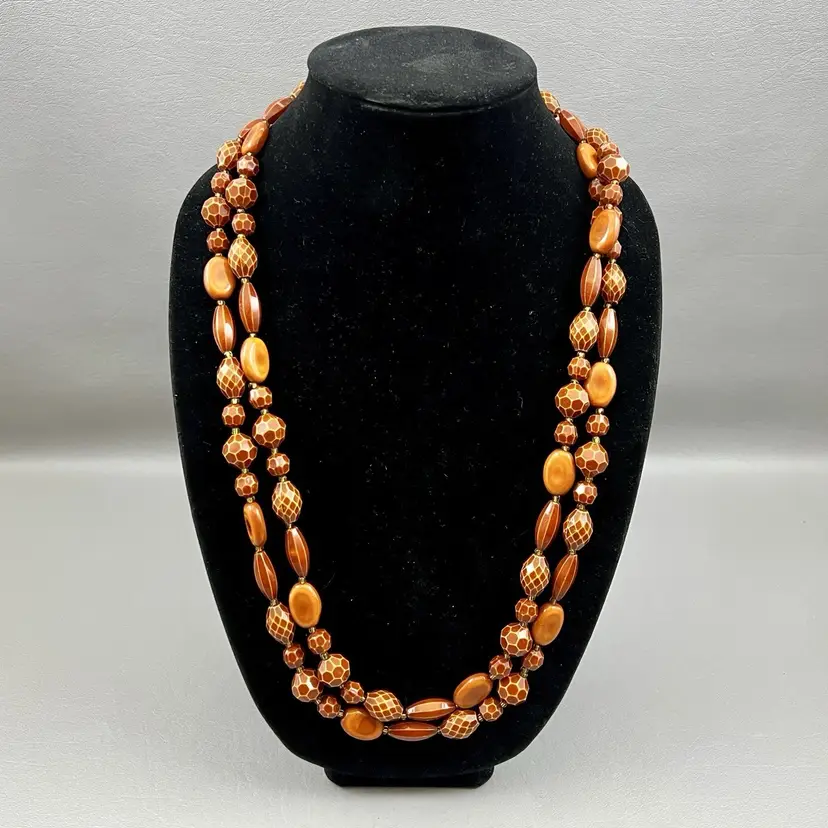 Long Acrylic Bead Necklace Amber Tone Brown Honeycomb Pattern 60" Strand