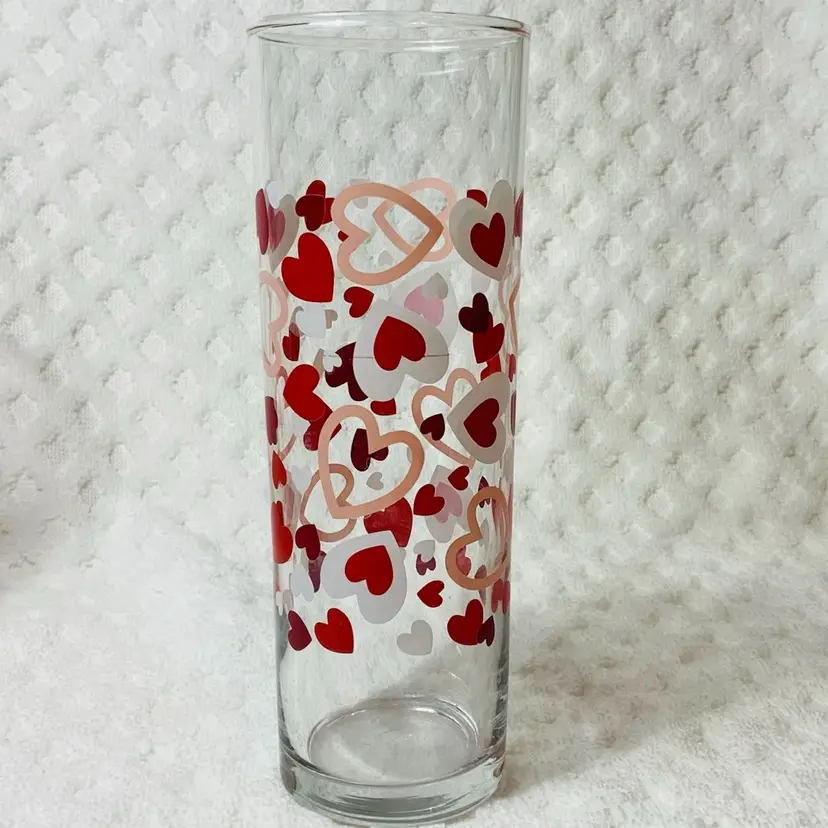 Love Heart Crystal Cylinder Indiana Glass 6.75” Tall And 2” Diameter Red Hearts In Red Pink And White Paint