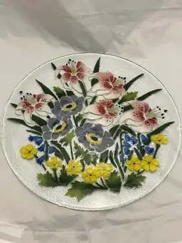 Peggy Karr Fused Art Glass Platter, Spring Florals, Large 14” Vintage EUC