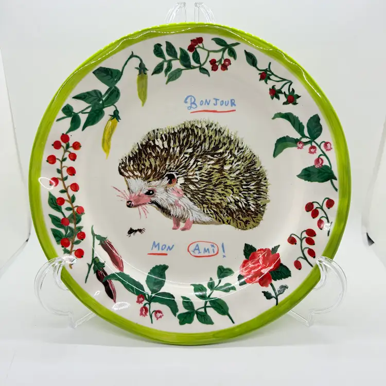 Nathalie Lete Anthropologie French Hedgehog 10" Plate Lime Green Trim