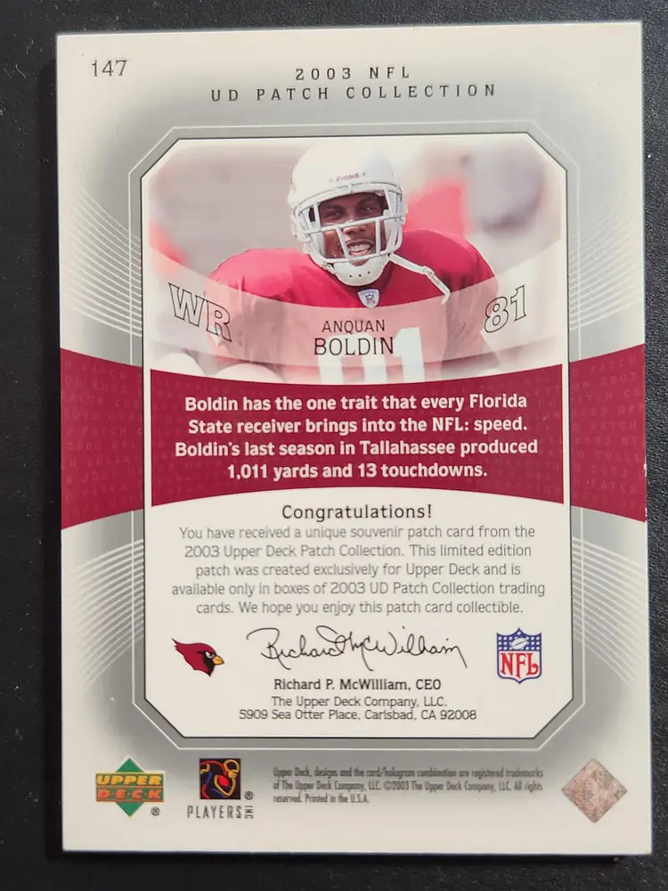 Anquan Boldin 2003 Upper Deck Patch Collection Rookie Card HOF