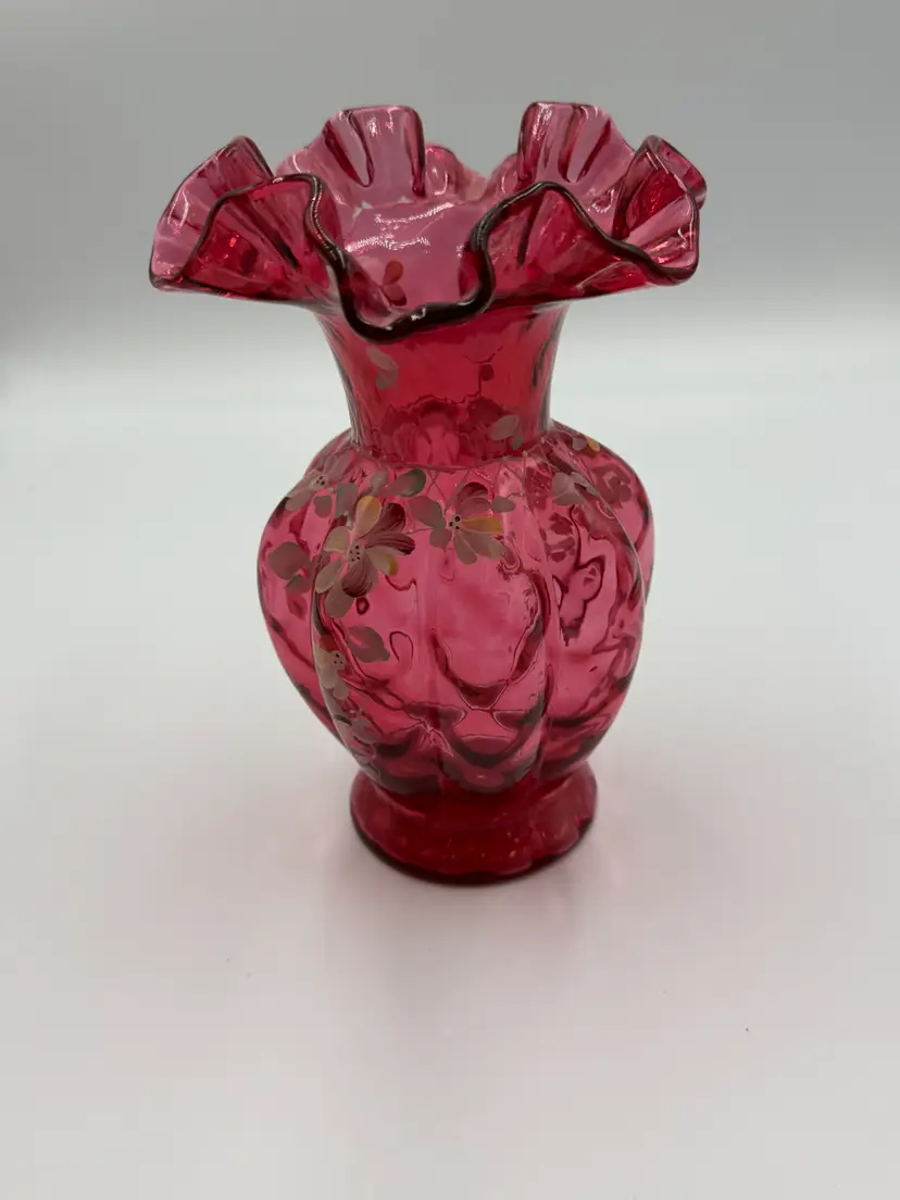 Fenton Hand painted Artist signedCranberry Vase with Flowers 1980