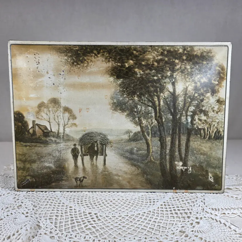 Vintage NBC Uneeda Biscuit Tin Box Country Landscape Scene National Biscuit Company Advertising