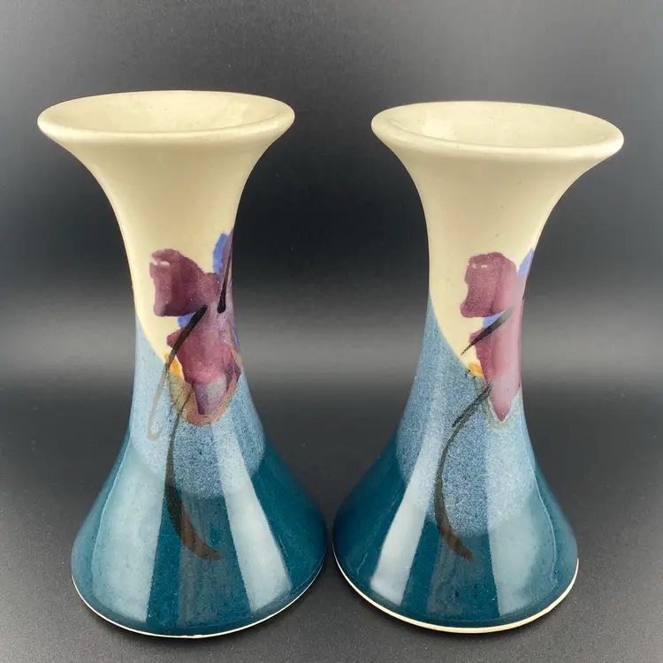 Studio Art Pottery Bud Vases Candleholders Purple Kent Follette Signed Floral Boho Retro