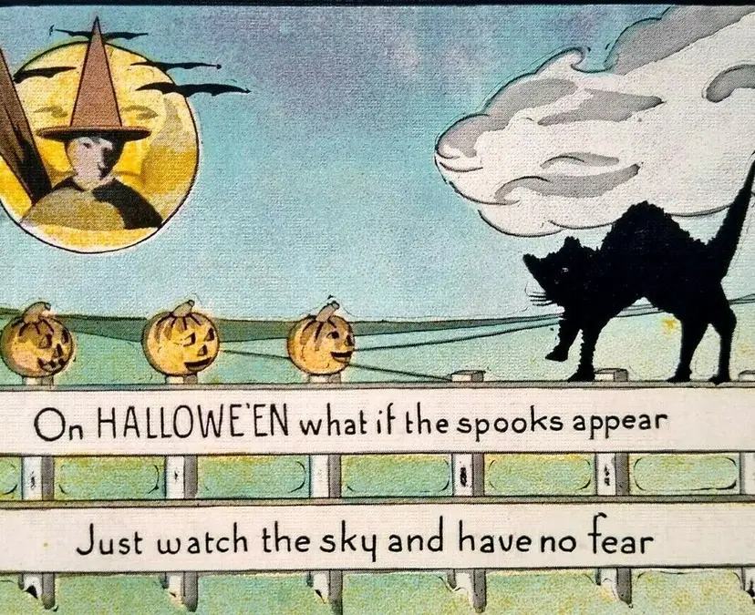 Halloween Postcard Metropolitan News 412 Black Cat On Fence Non Posted Vintage