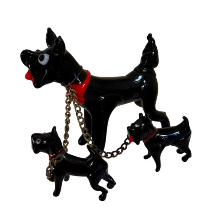 Figurine Chained BlackTerrier Dogs Mom & 2 Puppies Blown Glass
