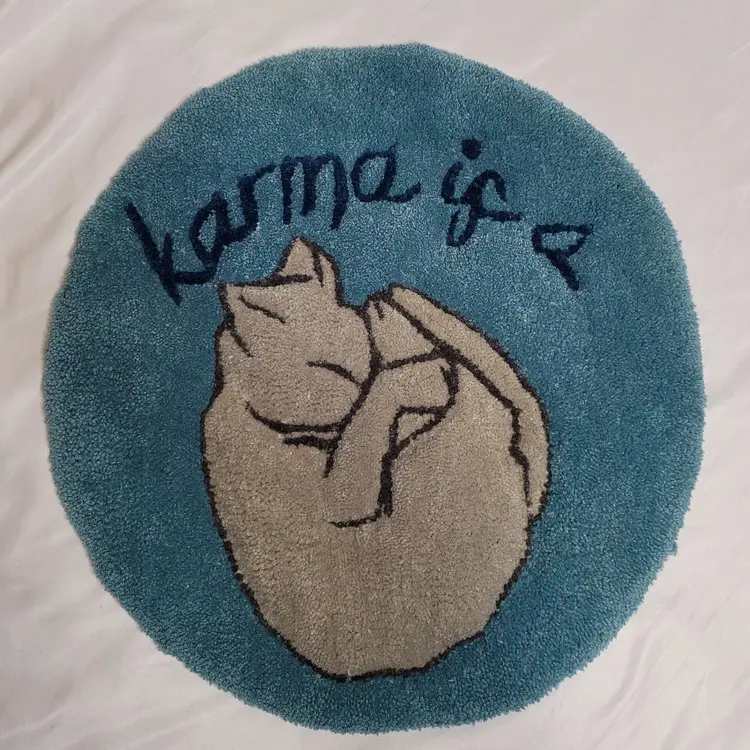 KARMA is a cat gray sleeping kitty round rug wall decor