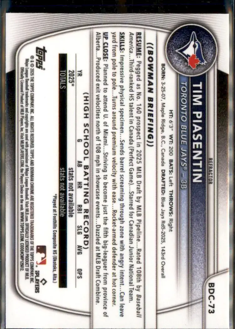 2025 Bowman Draft #BDC-73 Tim Piasentin Chrome Refractor - (138) - Toronto Blue Jays