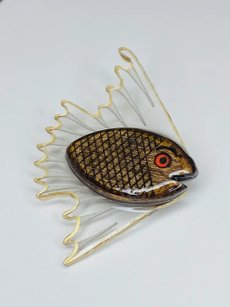 Vintage Retro 1940s 1950’s Wood Clear Lucite Early Plastic Fish Brooch
