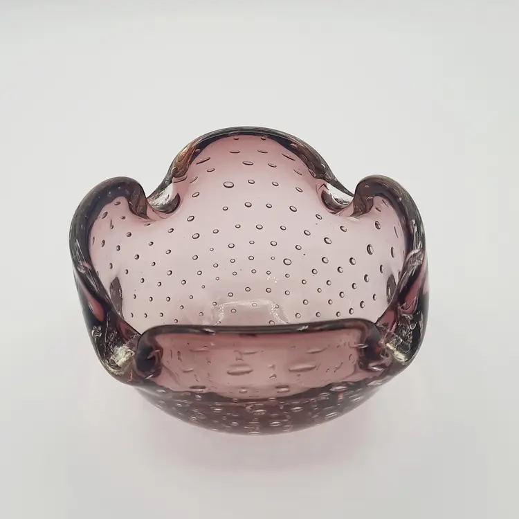 Art Glass Purple Plum Trinket Dish Bowl Controlled Bubbles Scalloped Rim