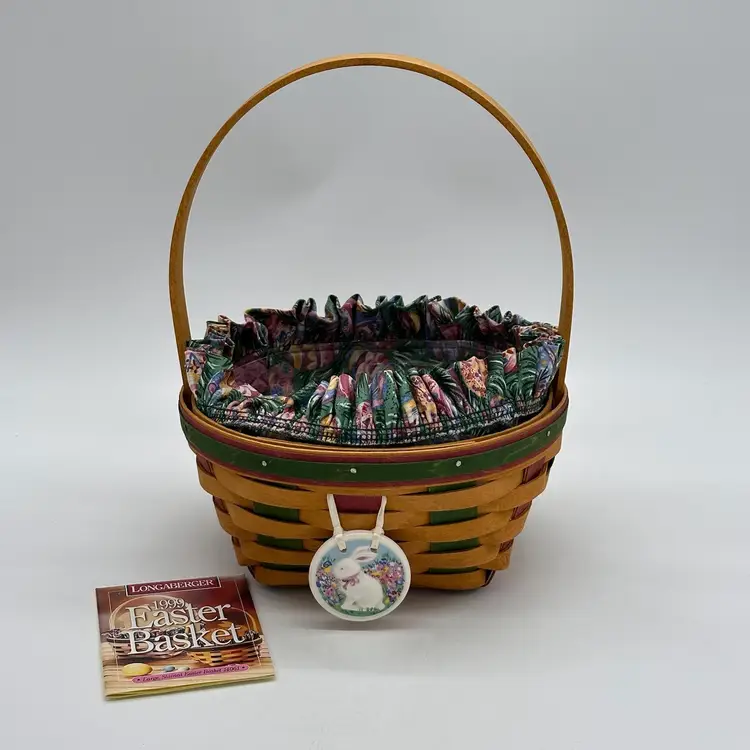 Longaberger 1999 Easter Basket Bundle Fabric Liner Plastic Protector & Tie On