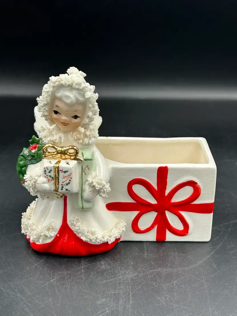 Vintage Napco Spaghetti, Angel, Girl, Christmas Planter, Red Trim Present Japan