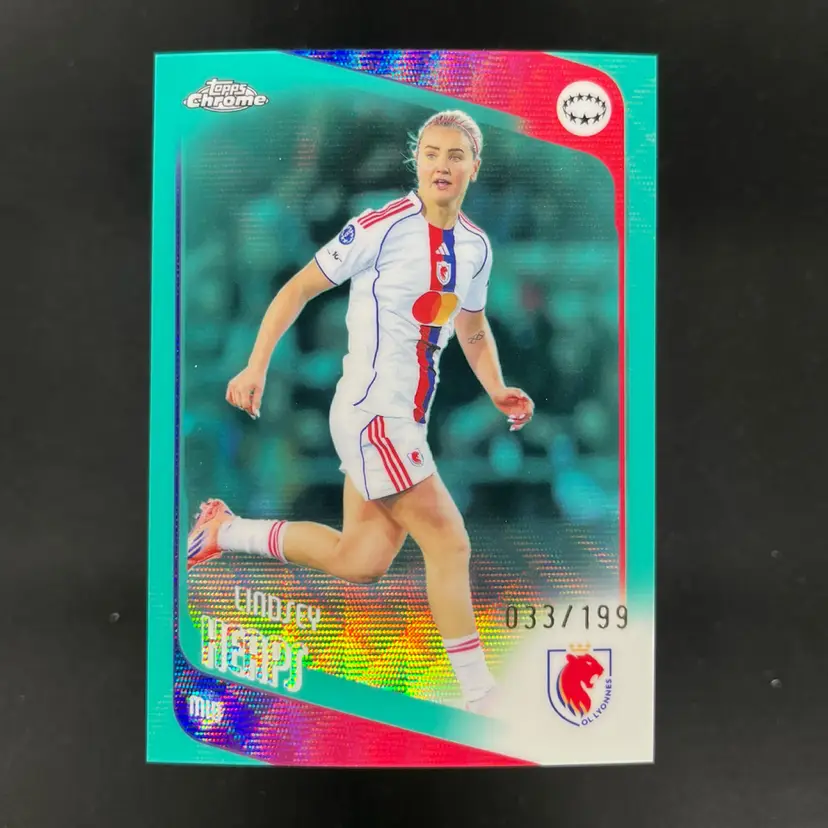Lindsey Heaps 2025/26 Topps Chrome UWCL Aqua Wave /199 Lyon Soccer Card