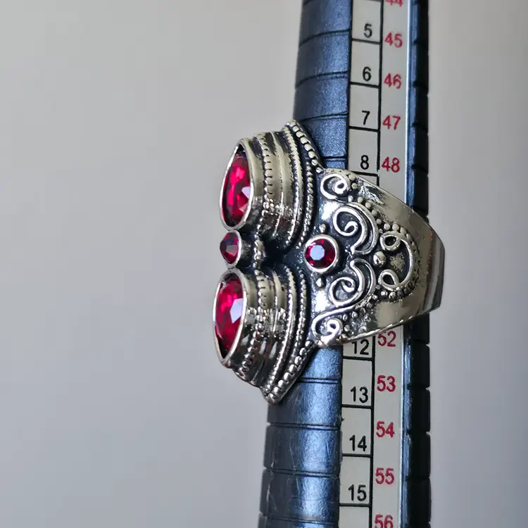 Large Costume Statement Ring Red Stones Silver Tone Whimsygoth Punk
