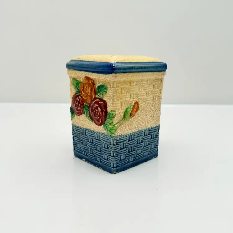 Large Vintage Ceramics Yellow Ware Handled Shaker With Floral Design