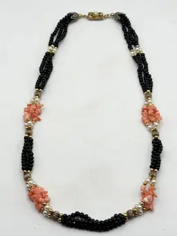 Vintage coral pearl onyx beaded multi strand necklace