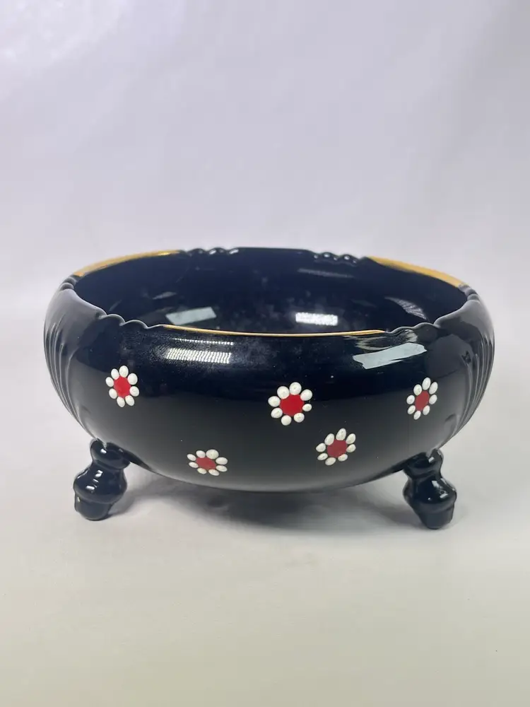 1930's Imperial Glass Cosmos Daisy Pattern Black Glass 3 Footed Bowl