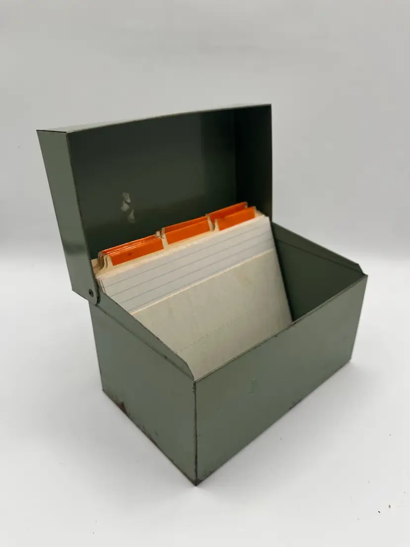 #1 Vintage 1950's Green Metal 4x6 Index Card File Industrial Steel Recipe Box