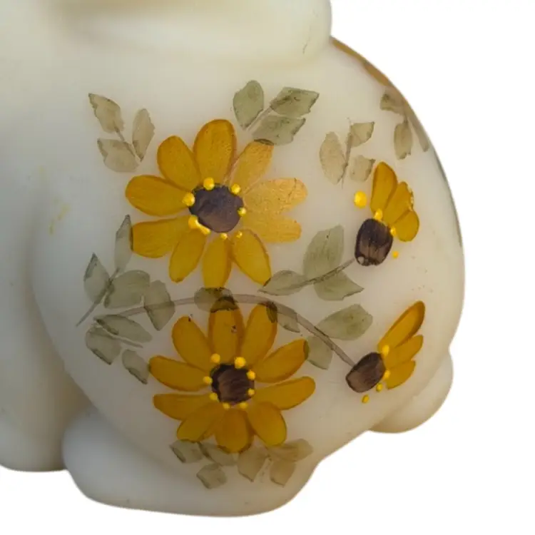 FENTON Bunny Rabbit Figurine Hand Painted Yellow Daisies On Custard Glass Signed By Artist
3” T x 3” L x 2” W