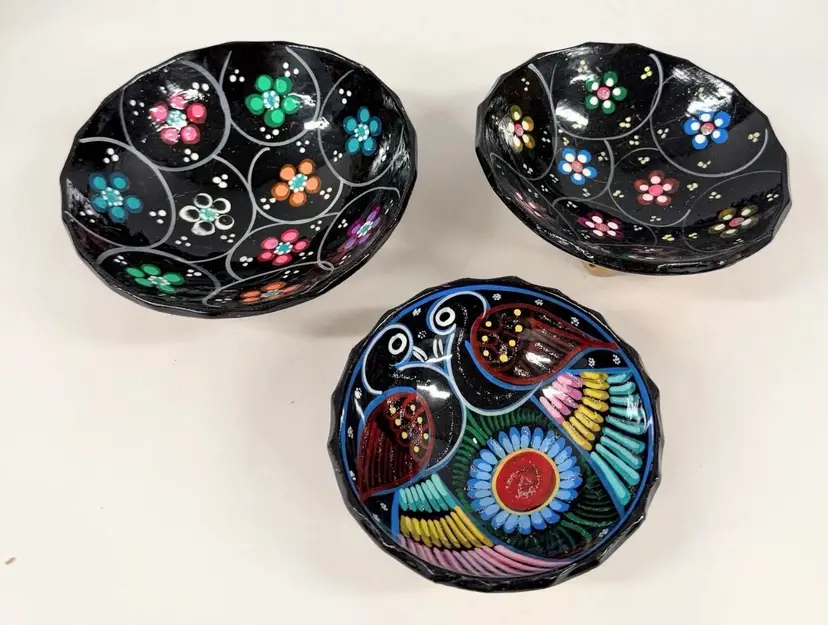 3 Mexican Folk Art Bright Floral Hand Painted Talavera Pottery Decorative Bowl