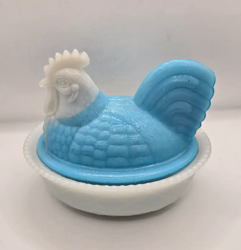 Rare HTF Westmoreland White and Blue Slag Glass Hen On Nest. 5.5"x 4.75"x 4.5". No Damage...Beautiful Piece.