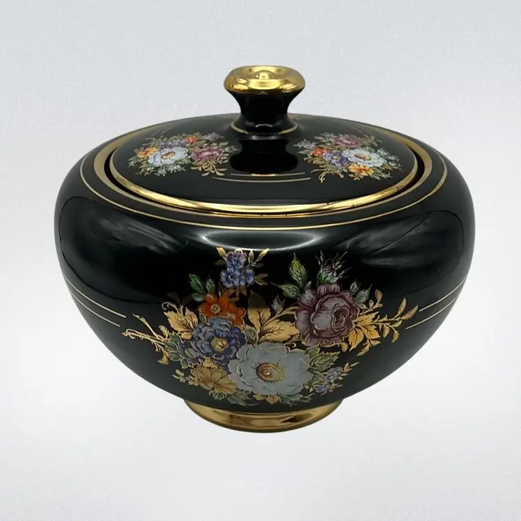 Handmade Vintage Bonbon Jar Made In Greece, 6-1/2” Tall With Lid And 6” Wide