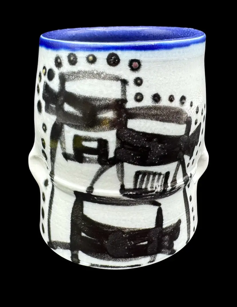 Signed Studio Art Pottery Sake Tea Cup White Black Blue Ninja Cartoon 3.75”