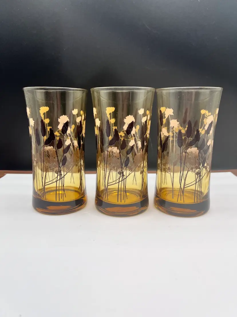 #1080B Set Of 3 Vintage Libby Amber Glass Wheat Pattern Tumblers