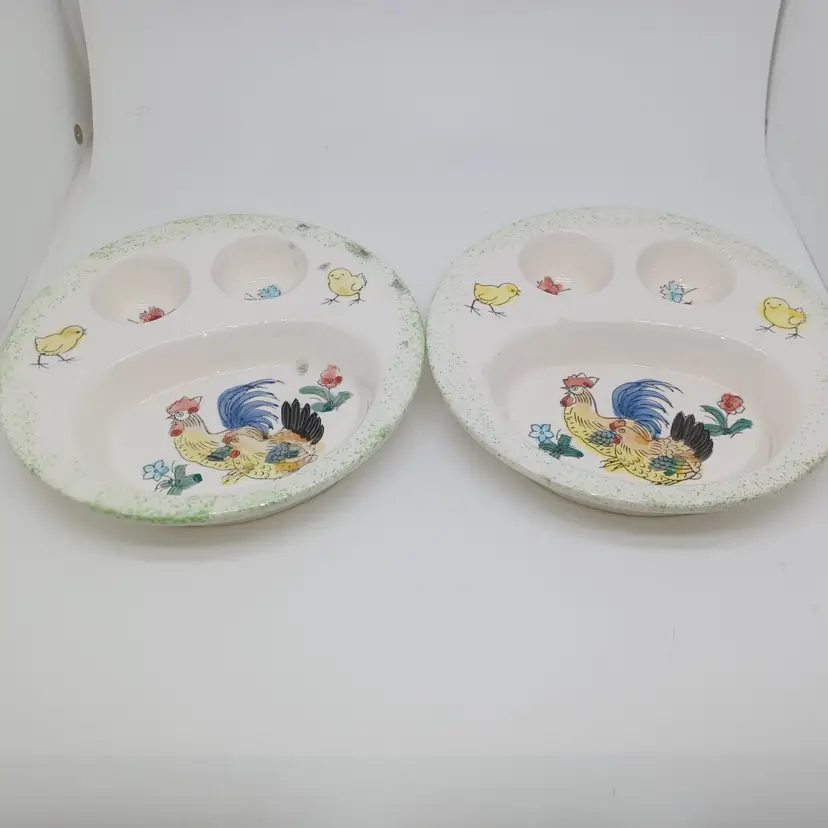 Vintage Ceramic Poached Egg And Cereal Children Dishes Chicken/Rooster Set Of 2