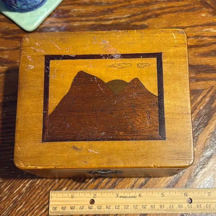 Handmade Antique Wood Box With Beautiful Inlay Picture On Top