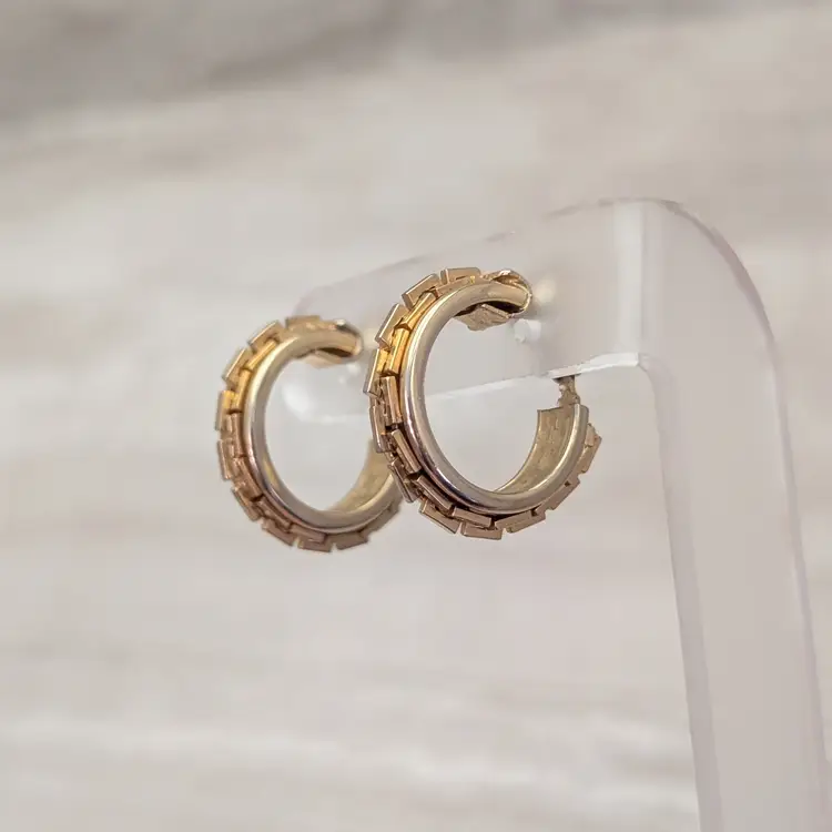 Vintage Clip On Earrings Gold Tone Large Hoops with Square Chain Like Design