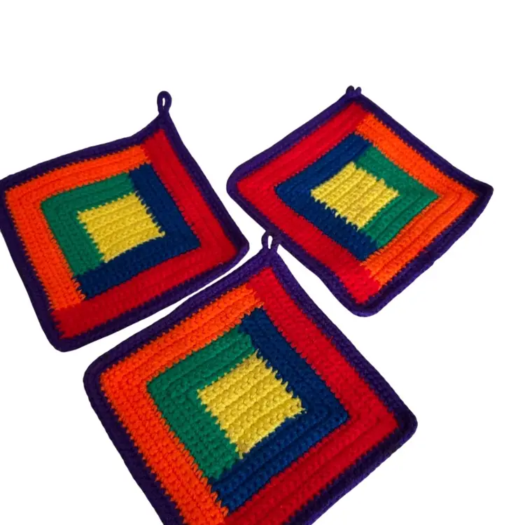 Set Of 3 Colorful Knitted Square Pot Holders @7x7 Couple Of Spots