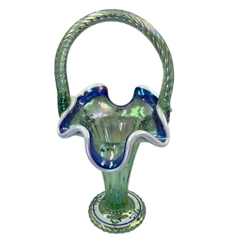 Fenton 95th Anniversary Iridescent Trumpet Floral Basket - Hand-painted - Legacy Collection, Bill Fenton & Shay Williams Signed