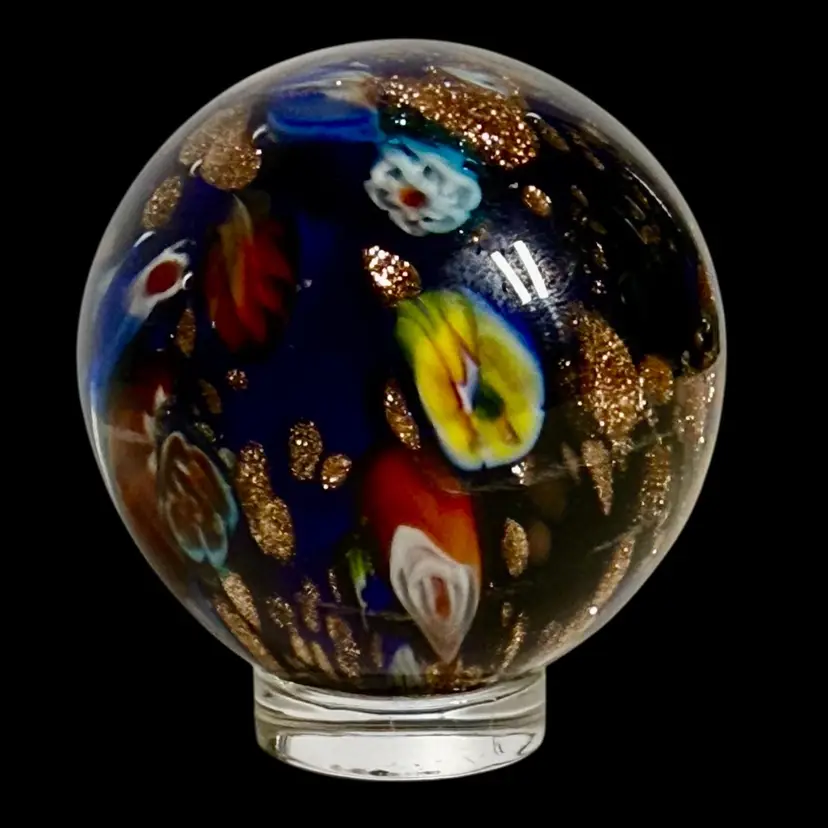 Cobalt Blue Murrine Copper Aventurine Glass Orb Marble Paperweight On Stand 1.75”