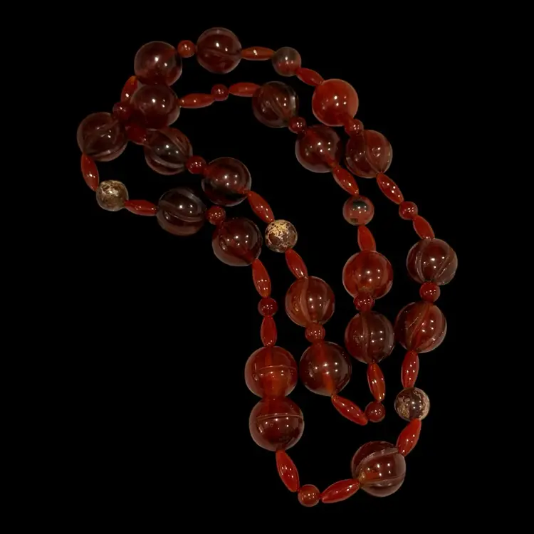 Bakelite Cherry Amber Carved Bead Necklace 26” Screw Latch