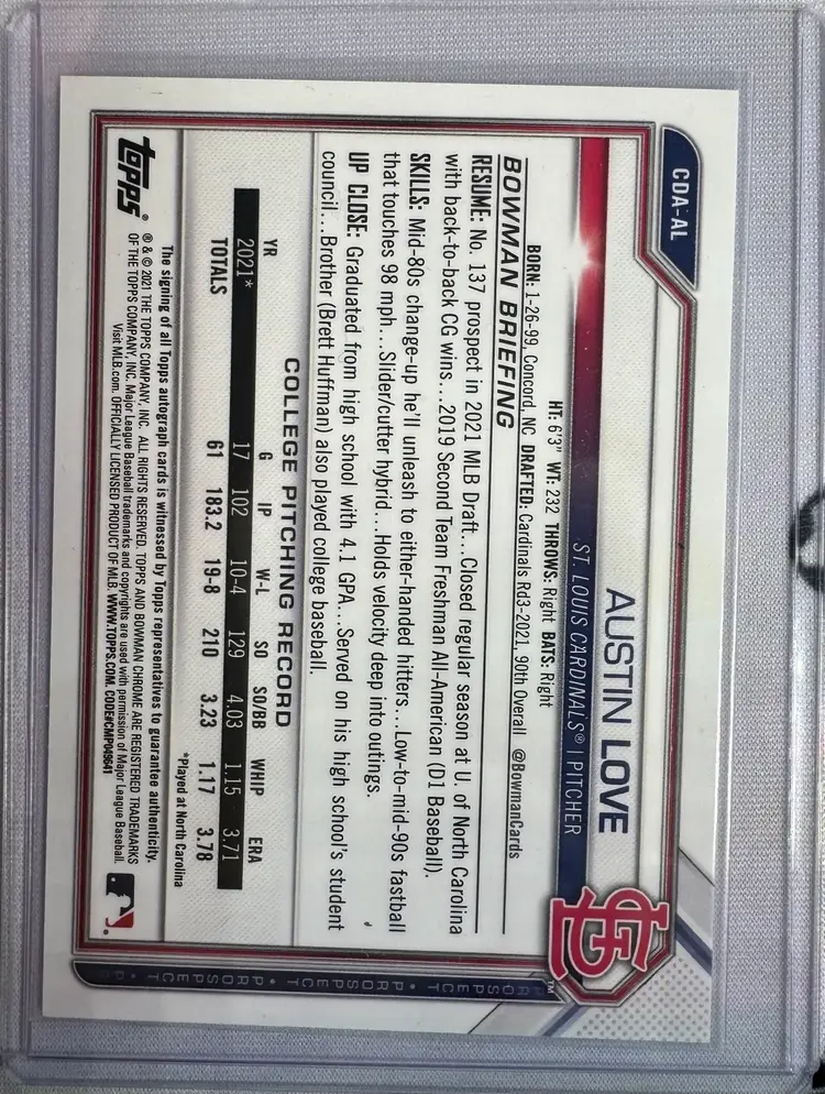 2021 Bowman Draft Austin Love 1st Chrome Auto St. Louis Cardinals