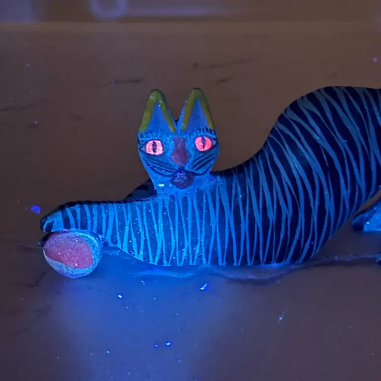 Hand Carved And Painted Wooden Cat Playing With Ball - Mexican Folk Art Known As Alebrije, Signed