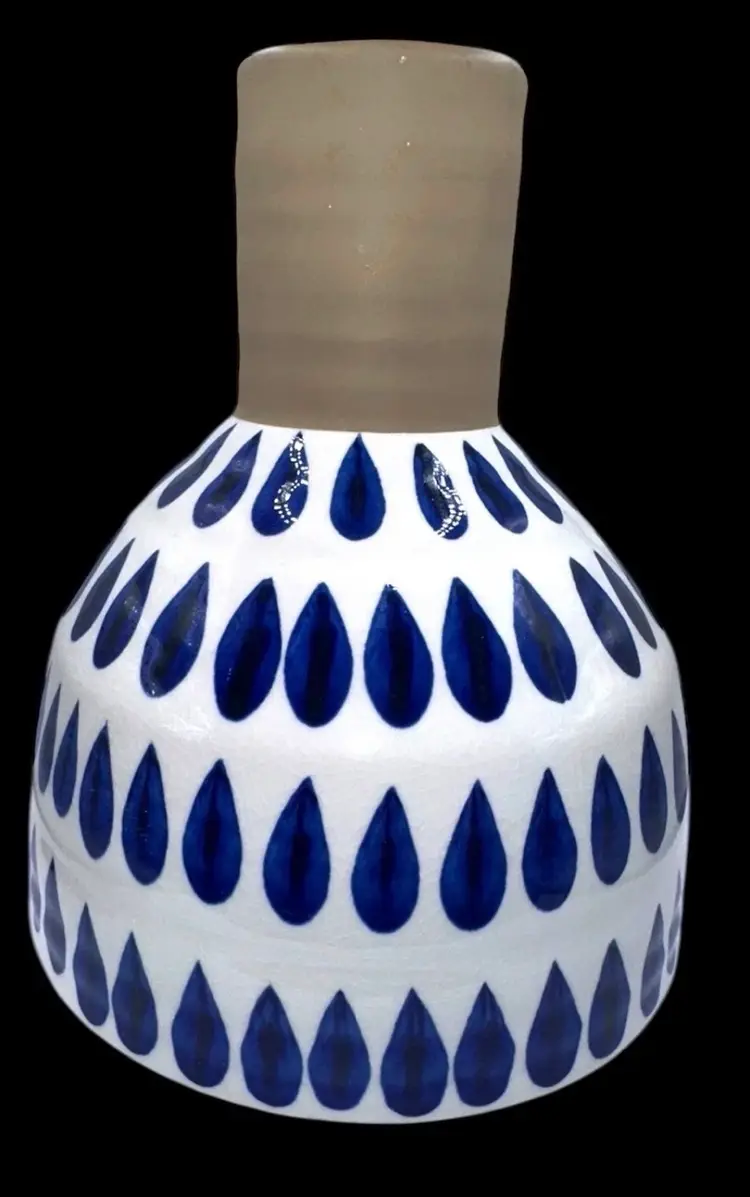 Blue & White Handpainted Teardrops Large Bell Shaped Vase Crackle Glaze Polish Pottery