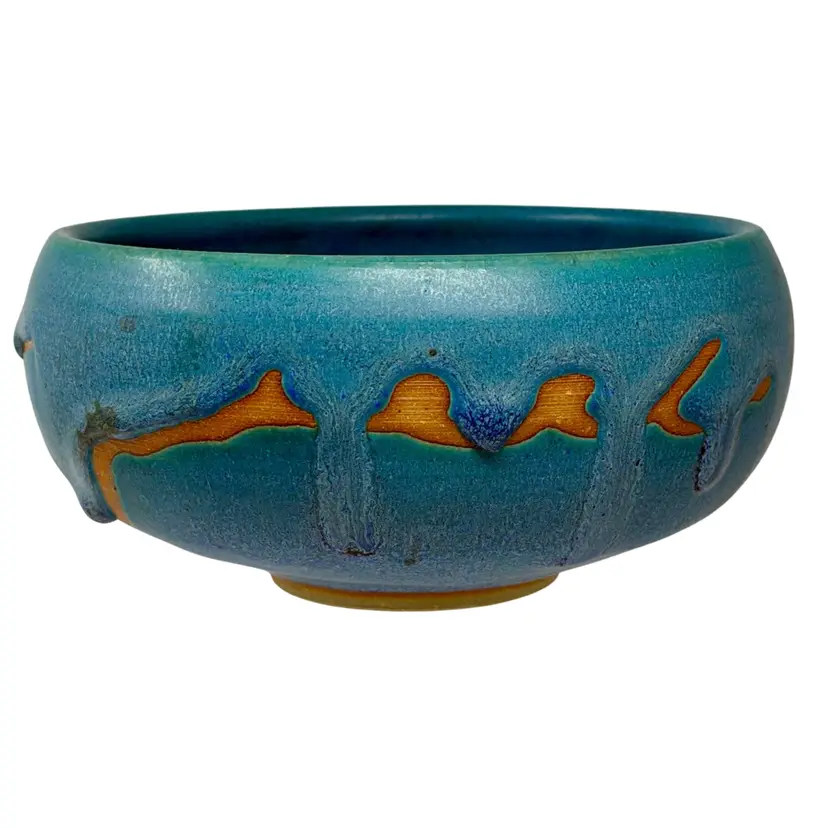 Raku Studio Pottery Bowl - Turquoise-Blue Drip Glaze Terracotta Glaze- Signed
5.5”x 3"