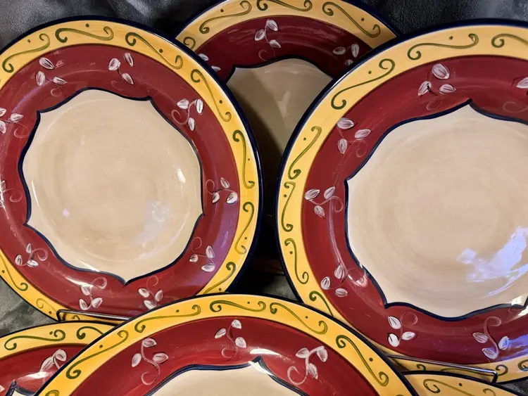 Set 6 Pier 1 One Hand Painted Earthenware Dinner Plates 11.25” Vallarta Red EUC